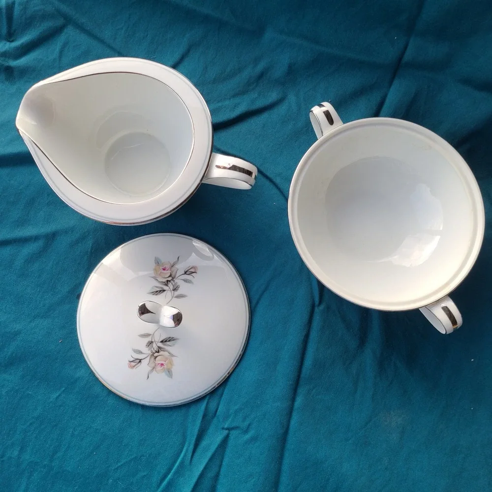 Noritake Margot 5605 Sugar Bowl w/Lid and Creamer Set White Rose MCM Vintage Pla